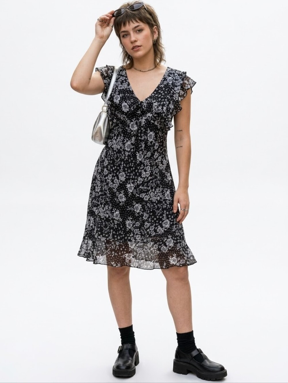 Vintage Y2K Babydoll Midi Dress Black Women’s Small Floral Ruffle Whimsigoth
